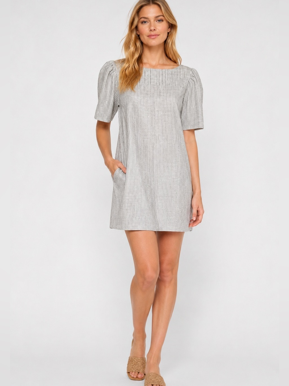 NWT Gap Gray & White Stripe Cotton Shift Dress Puff Sleeve Mini Casual Summer